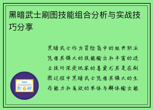 黑暗武士刷图技能组合分析与实战技巧分享